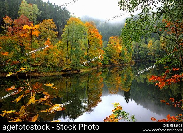 Misty Autumn landscape in Oderteich, Okertal Harz.Herbst im Oderteich, Talsperre im Oberharz