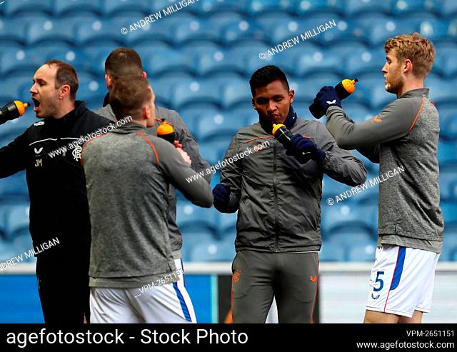 Rangers' Alfredo Morelos (centre) warming up before the UEFA Europa League match at the Ibrox Stadium, Glasgow. Picture date: Thursday February 25, 2021
