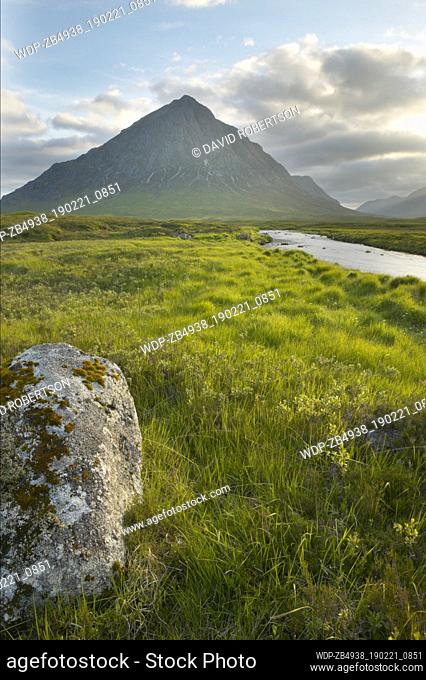 Scotland, Highland, near Glen Coe, Buachaille Etive Mor and the River Etive This mountain stands at the head of both Glen Coe and Glen Etive and on the edge of...