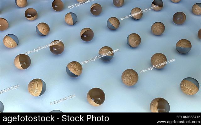 Shiny balls on 3d render of matte surface. Interior decoration and digital presentation items. Fine workmanship with trendy geometric minimalism