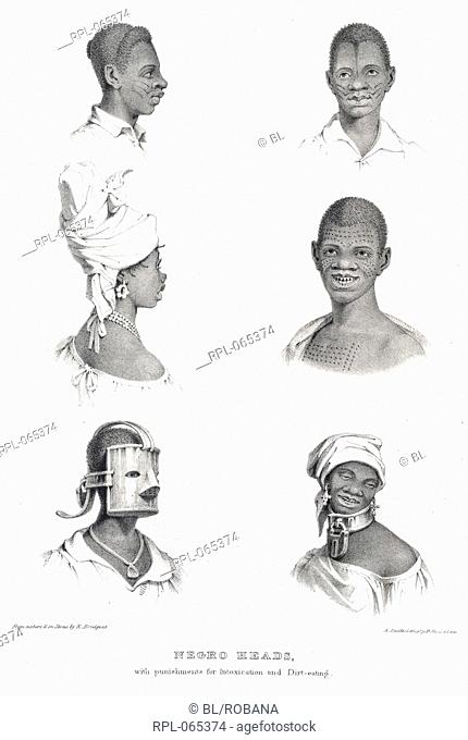 Negro heads, 'Negro heads with punishments for intoxication and dirt-eating'. There are representations of two of the 'various tribes of the west coast of...