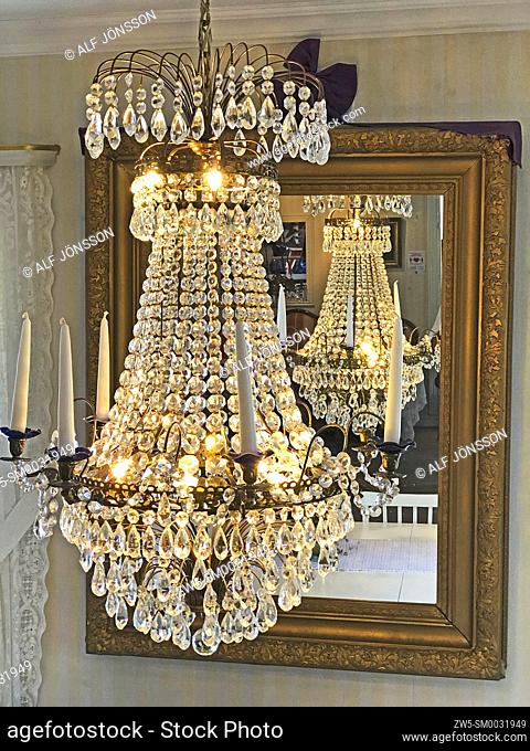 . Old crystal chandelier in an old farmhouse in Scania, Sweden, Scandinavia
