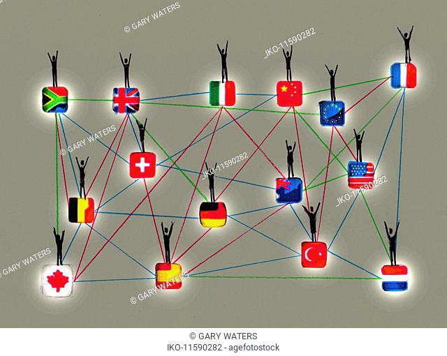 People waving on network of connected international flags