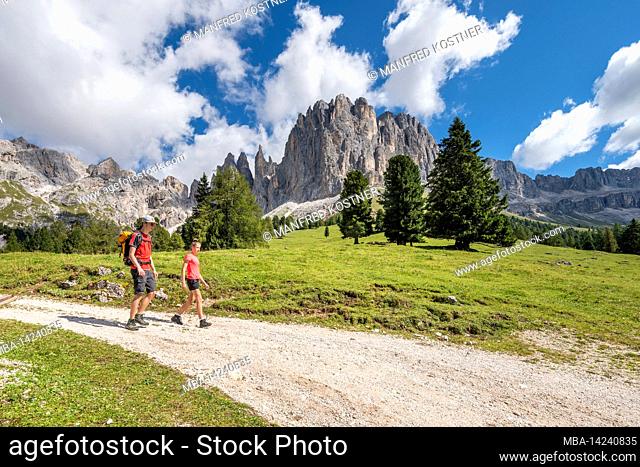 Tiers, Tierser Tal, Province of Bolzano, Dolomites, South Tyrol, Italy. Hikers descending from the Haniger Schwaige, in the background the Vajolet Towers and...