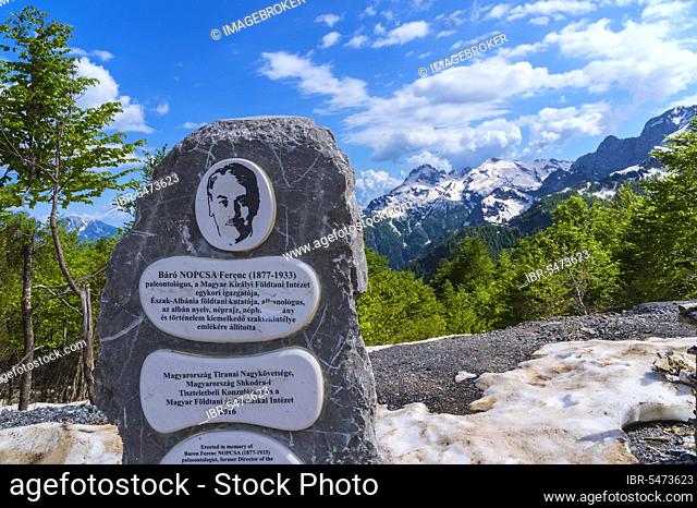 Stele in memory of Baron Ferenc Nopcsa, Hungarian explorer in Northern Albania and Theth National Park, Albania, Europe
