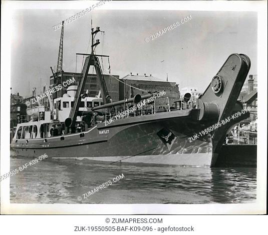 May 05, 1955 - A Nose for the Job: The Port of London, one of the World's biggest and Budiest, has a new salvage vessel with a 'nose' capable of lifting 120...
