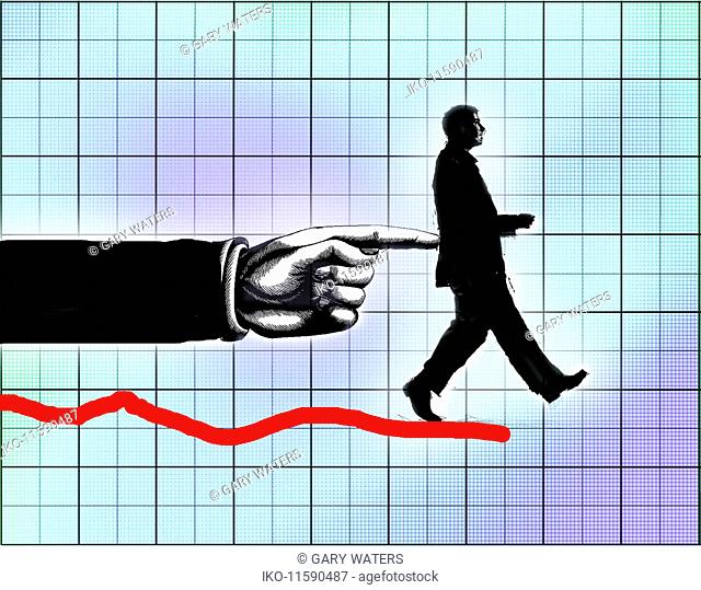 Finger pushing businessman off the end of line on graph