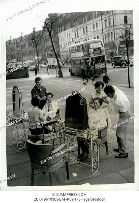 Mar. 03, 1961 - Hairdressing in the open air catching the spring sunshine: Today's Spring sunshine brought out hot only the Spring Flowers
