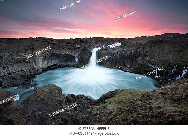 Iceland, Aldeyjarfoss, Sprengisandur, Skjálfandafljót, basalt columns, river, waterfall, lava field