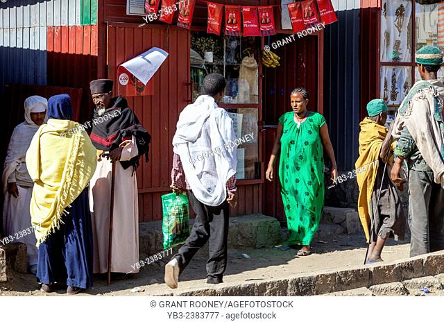 A Group Of People Outside A Mini Supermarket, Lalibela, Ethiopia