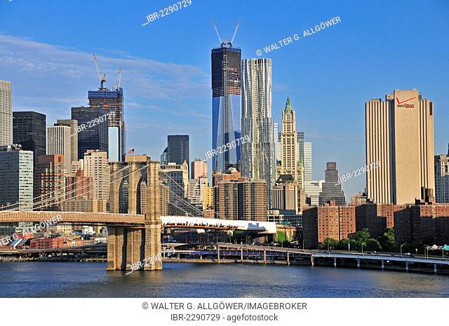 Skyline of Lower Manhattan and Brooklyn Bridge, view from Manhattan Bridge, Manhattan, New York City, USA, North America, America, PublicGround