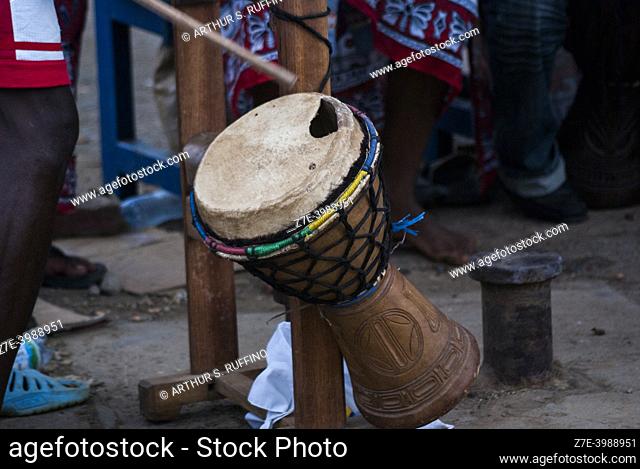 Local drum used by performers at pier in Nosy Be. Madagascar