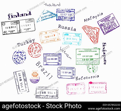 Real visa stamps from 9 countries. Vector illustration EPS8