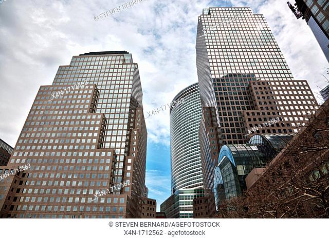 From left to right, AT&T building, Goldman Sachs and American Express Tower, Three World Financial Center in Manhattan, New York City, United States of America