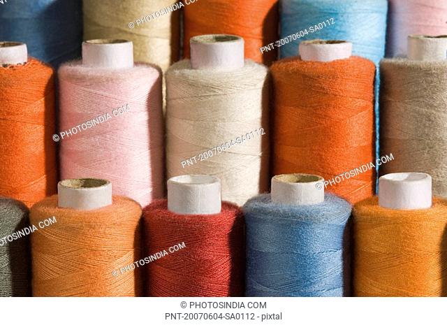 Close-up of spools of thread