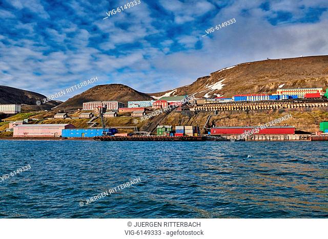 russian mining town Barentsburg seen from the sea, Svalbard or Spitsbergen, Europe - Barentsburg, Svalbard, 26/06/2018