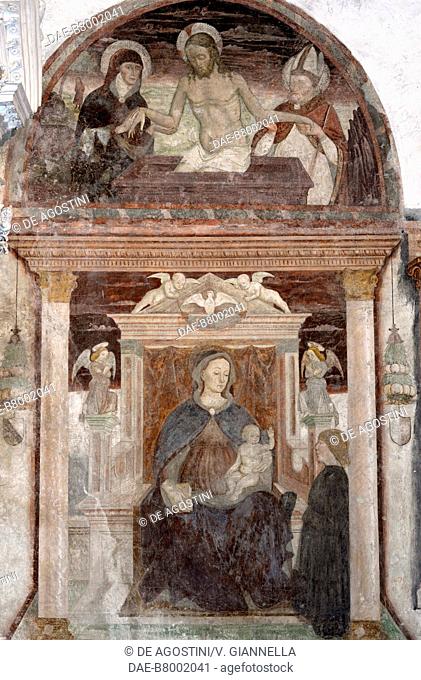 Madonna and Child, Jesus risen from the sepulchre, fresco in the church of Saint Bartholomew, Albino, Lombardy, Italy, 15th century