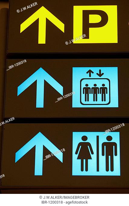 Changi International Airport, departure hall, sign-board, pictograms, parking area, elevator, restrooms, Singapore, Southeast Asia