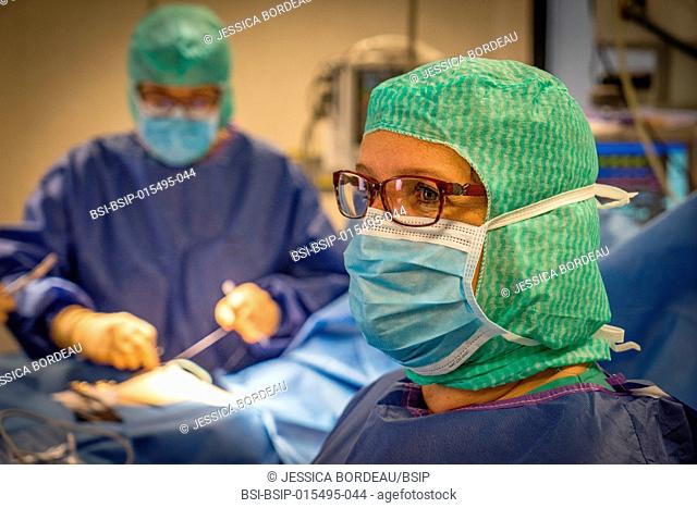 Reportage in the gynecology surgery service of the Chambéry Métropole Savoie Hospital, France. Breast conservation surgery (BCS) on breast cancer in a 72-year...