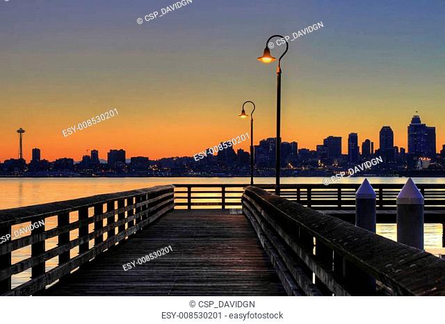 Seattle Skyline from the Pier at Sunrise