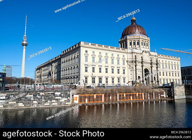Berlin, Germany, Europe - View of the Humboldt Forum in the rebuilt Berlin Palace on the Museum Island in the Mitte district with exterior view of the west...