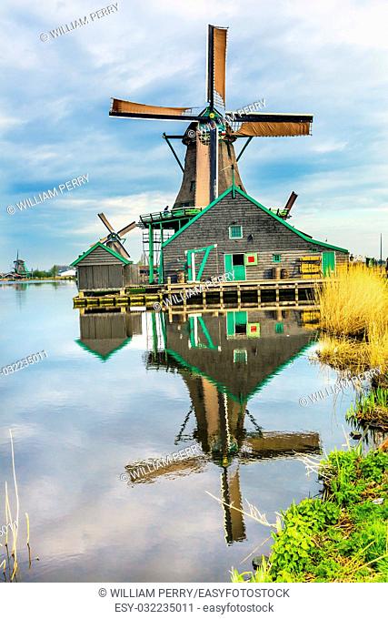 Wooden Windmills Zaanse Schans Old Windmill Village Countryside Holland Netherlands. Working windmills from the 16th to 18th century on the River Zaan