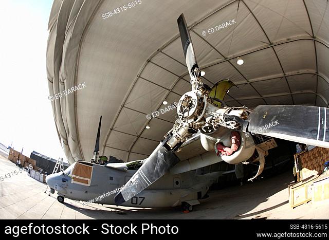 United States Marine Corps MV-22 in expeditionary hangar for maintenance, Camp Bastion, Helmand Province, Afghanistan