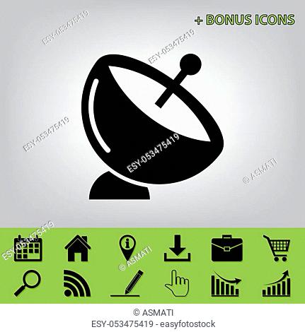 Satellite dish sign. Vector. Black icon at gray background with bonus icons at celery ones