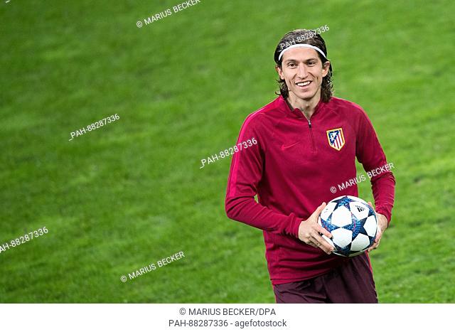 Filipe Luis in action during the final training session of Atletico Madrid at the BayArena in Leverkusen, Germany, 20 February 2017