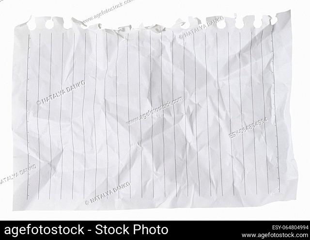 Torn and crumpled sheet from a notebook in a line on a white isolated background