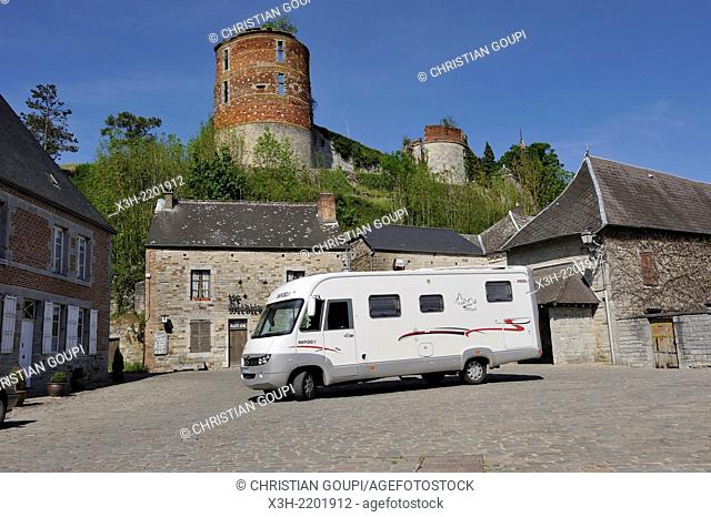motorhome in front of the castle of Hierges, Ardennes department, Champagne-Ardenne region of northeasthern France, Europe