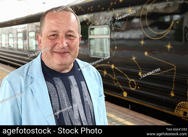 RUSSIA, MOSCOW - JULY 24, 2023: Tverskoy Express private company CEO Igor Karpus is seen by the Night Express train running between St Petersburg and Moscow