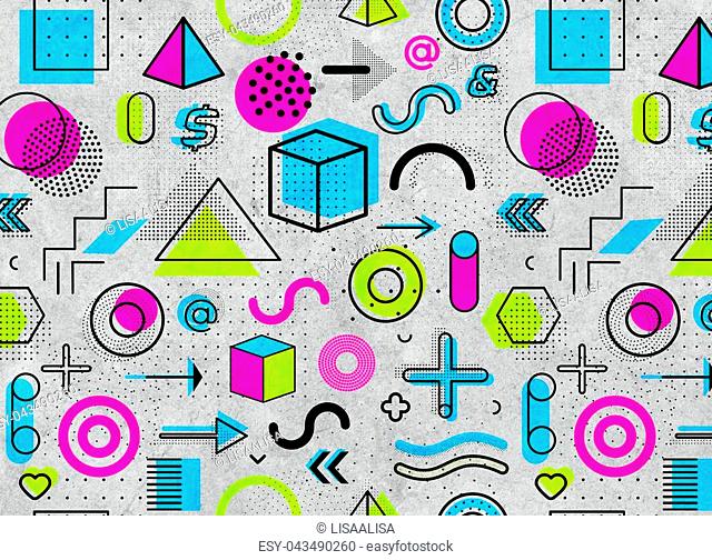Geometric memphis pattern for fashion and wallpaper. Universal colorful decorative geometrical elements and forms on grunde background