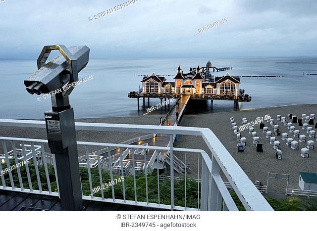 Illuminated pier, telescope, Baltic Sea resort town of Sellin