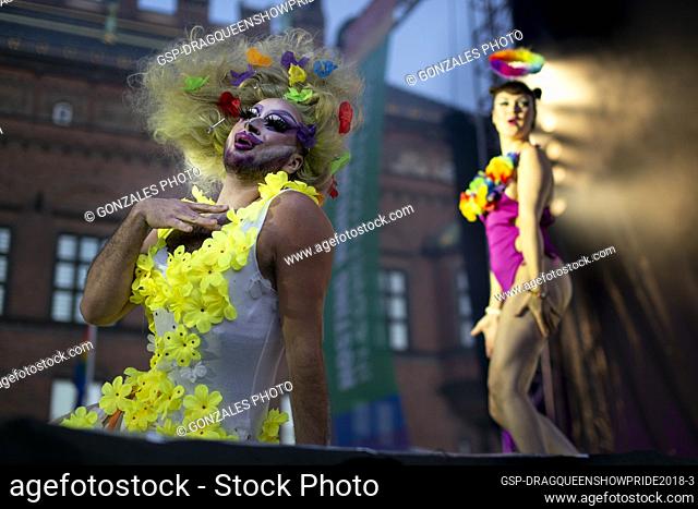 Drag queens and misses from around the world take the stage at the big Drag Night held at the Rainbow Square during Copenhagen Pride 2018 in Copenhagen