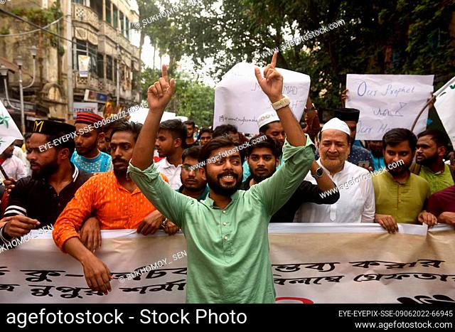 June 9, 2022, Kolkata, India: Students of Madrasha Students’ Union hold placards while take part during a rally to demand arrest of Bharatiya Janata Party (BJP)...