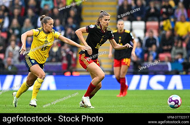 Sweden's Filippa Angeldahl and Belgium's Marie Minnaert fight for the ball during a game between Belgium's national women's soccer team the Red Flames and...