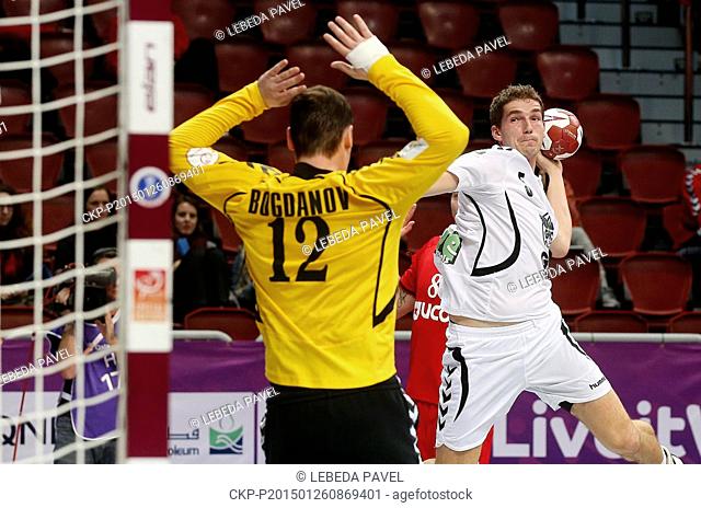 Goalkeeper Vadim Bogdanov of Russia and Miroslav Jurka of Czech Republic are seen in the match against Russia during the Men's Handball World Championhip in...