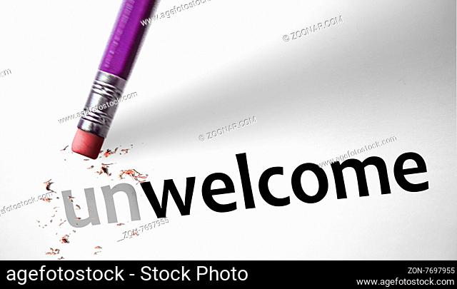 Eraser changing the word Unwelcome for Welcome