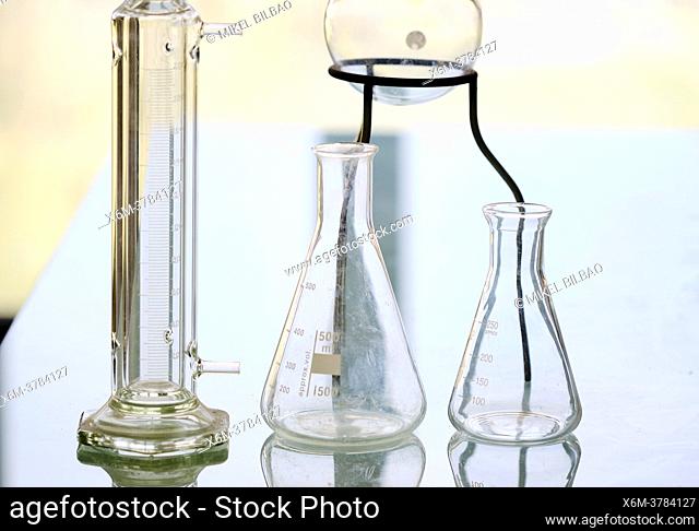Glass flasks in a scientific laboratory. Basque Country, Spain, Europe