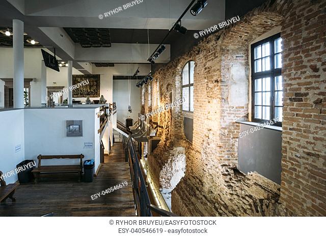 Mir, Belarus - September 1, 2016: Remains of original castle wall And Exposition In Castle Complex Museum. Famous Landmark, Architectural Ensemble Of Feudalism