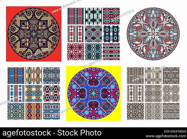 set of hand drawing ornate seamless flower paisley design background, kalamkari ethnic style, vector illustration collection