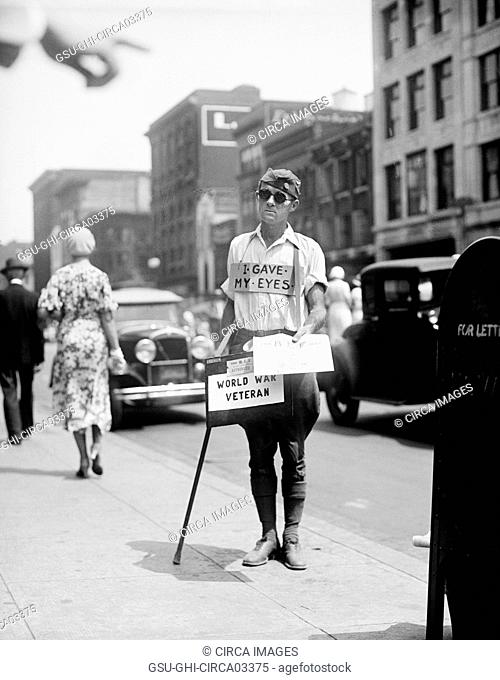 Blind World War I Veteran Selling Newspapers on Sidewalk, Washington DC, USA, 1933