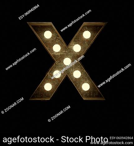 Metal letter X with small lamps on a dark background, 3d rendering