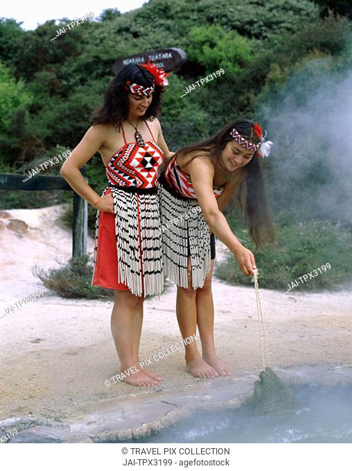 Maori Women Cooking in Hot Spring / Dressed in Traditional Costume, Rotorua, North Island, New Zealand