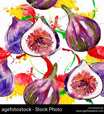 Exotic figs healthy food in a watercolor style pattern. Full name of the fruit: figs. Aquarelle wild fruit for background, texture, wrapper pattern or menu
