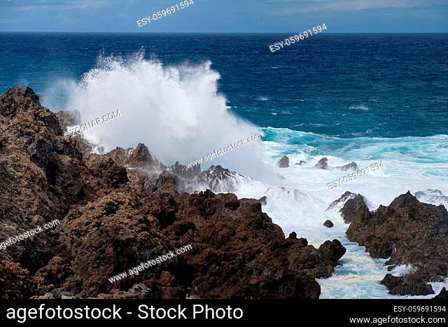 natural ocean swimming pools on Tenerife island while stormy weather. outdoor shot in Spain. copy space