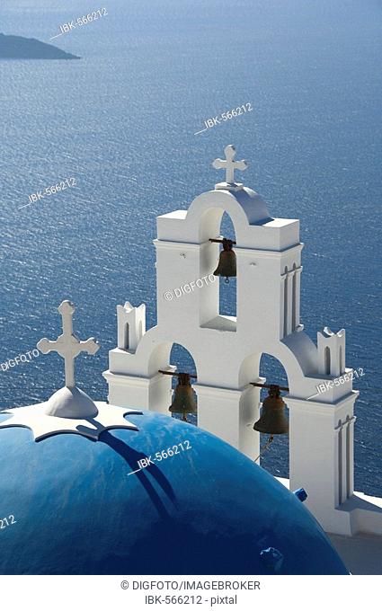 Bell tower and dome of a church, Firostefani, Santorini, Cyclades, Aegean Sea, Greece