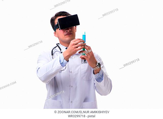 Doctor wearing a vr virtual reality headset isolated on white background