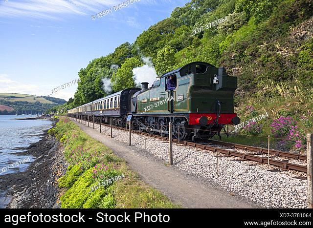 England, Devon, GWR Steam Locomotive No. 5239 'Goliath' approaching Kingswear on the Dartmouth Steam Railway